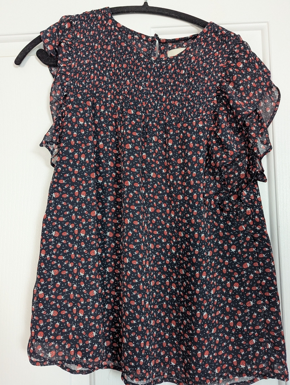 LOFT Navy Smocked Ruffle Top, NWOT
